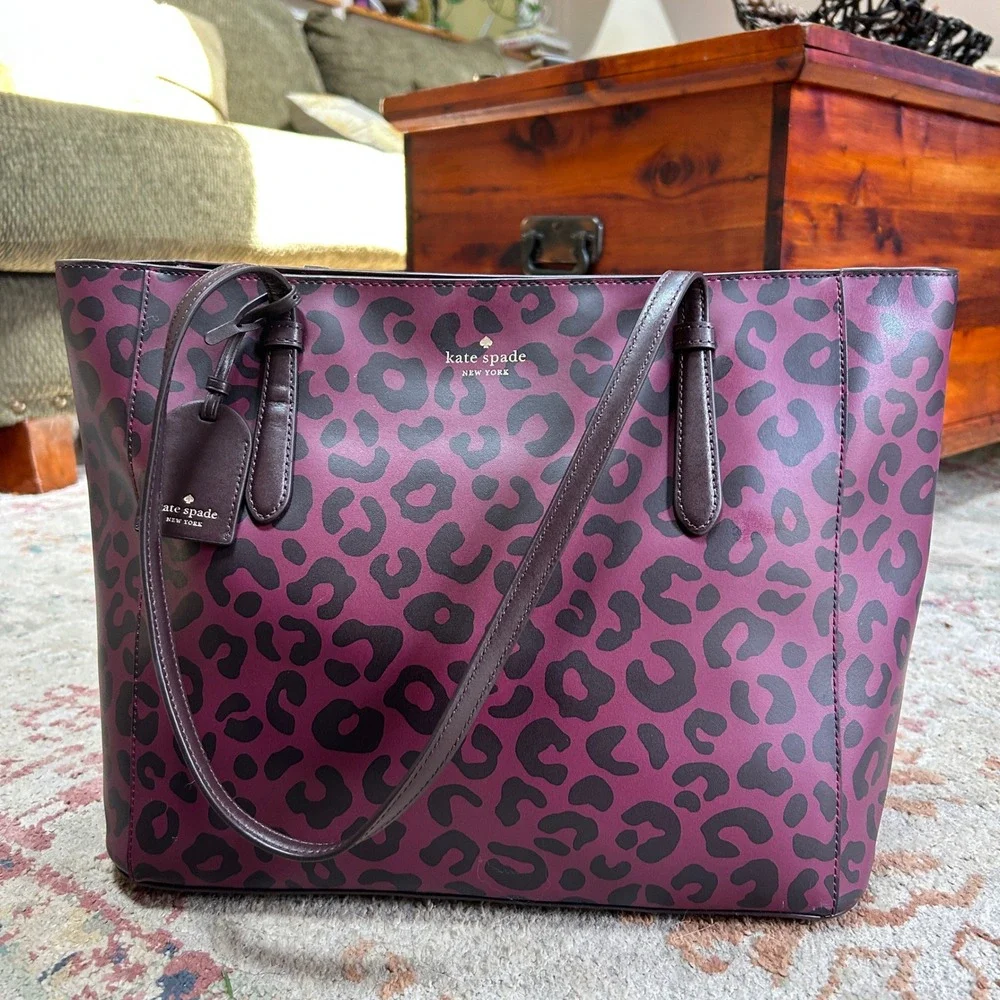 Kate Spade Tote Bag Womens Large Plum Black Leopard Animal Print Shoulder Bag
